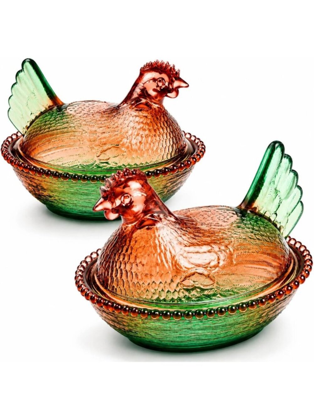 Vintage Green Glass Hen on Nest Dish Set with Lid - Decorative Kitchen Storage